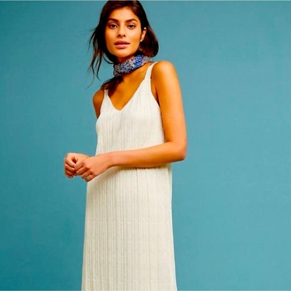 Anthropologie Meadow Rue Prespa Ivory V-Neck Pleated Tank Midi Dress Size 8